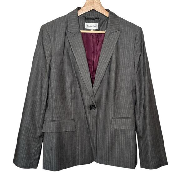 Calvin Klein Gray Pinstripe Single Button Blazer Jacket Size 12 Career - Picture 1 of 5